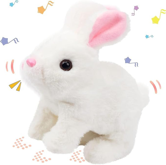 SHINETOY Hopping Rabbit Interactive Electronic Pet Plush Bunny Toy with Sounds and Movements Animated Walking Wiggle Ears Twitch Nose Gift for Toddlers Birthday, White, 7'